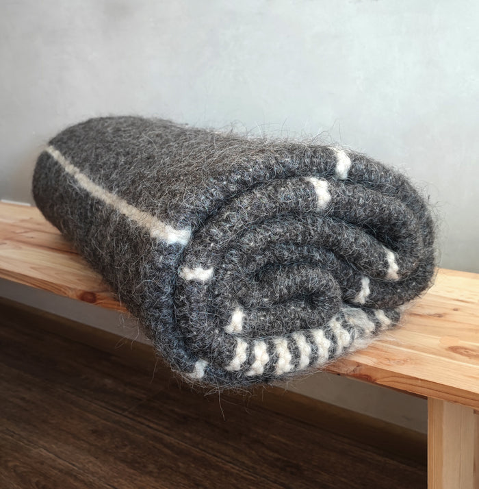 Contemporary minimalist wool blanket, gray and ivory stripes, handcrafted from natural undyed sheep wool