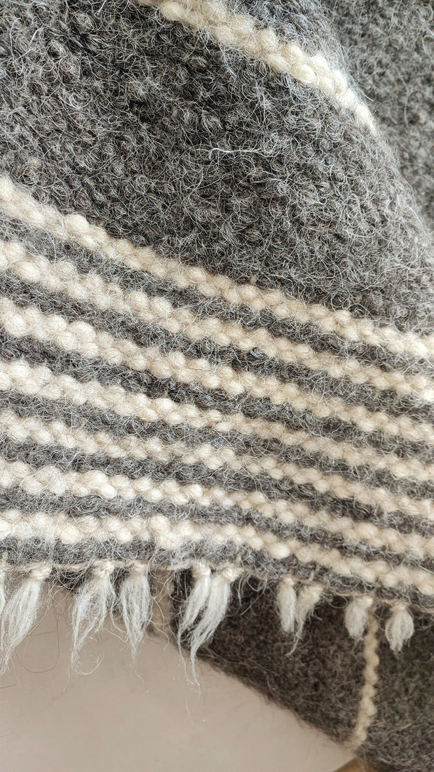 Natural sheep wool area rug, dark grey and ivory stripe pattern, handwoven using traditional techniques