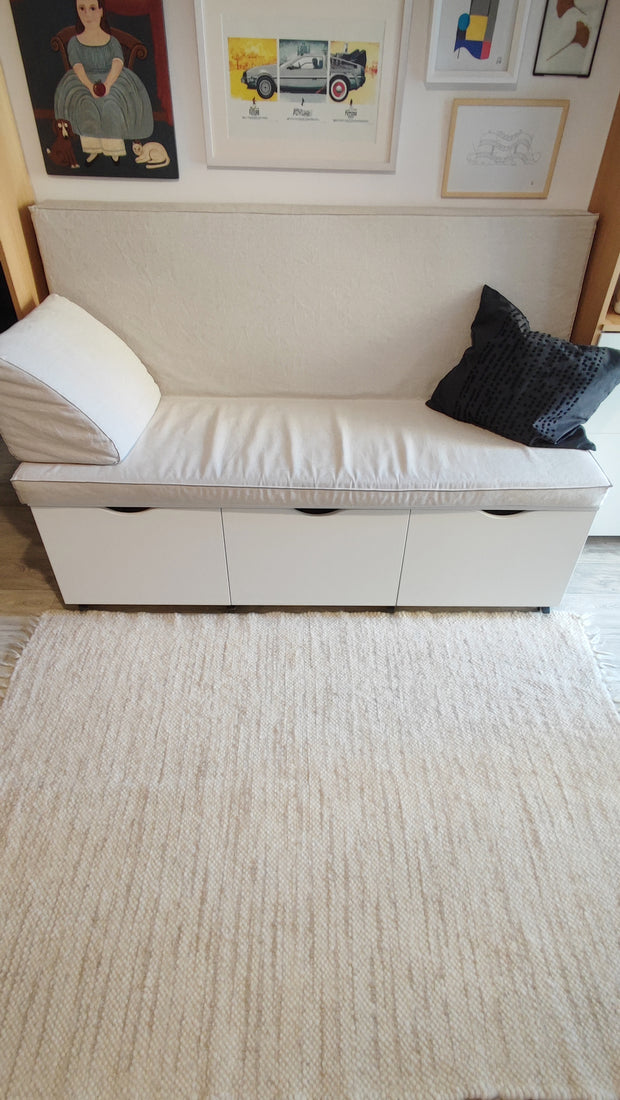 Natural sheep wool area rug, beige and ivory stripe pattern, handwoven using traditional techniques