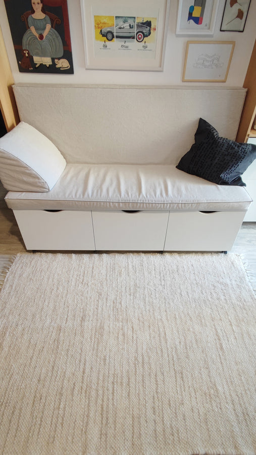 Natural sheep wool area rug, beige and ivory stripe pattern, handwoven using traditional techniques