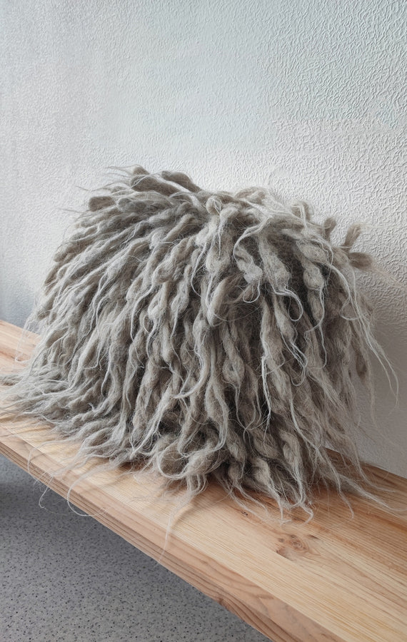 Scandinavian style light grey shag wool pillow for modern home decor