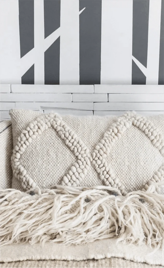 Minimalist white wool pillow with bobble texture, flokati pillow 