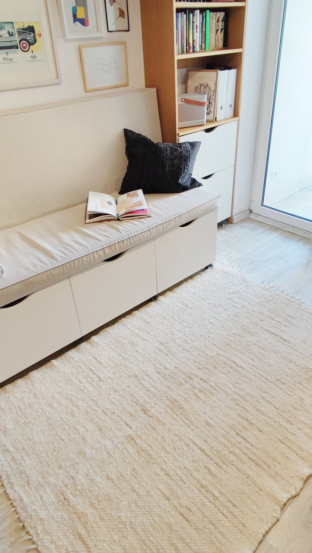 Contemporary minimalist wool rug, beige and ivory stripes, handcrafted from natural undyed sheep wool