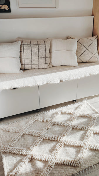Tern rug — handwoven ivory white wool rug with sculptural diamond texture, modern design from traditional Ukrainian craftsmanship