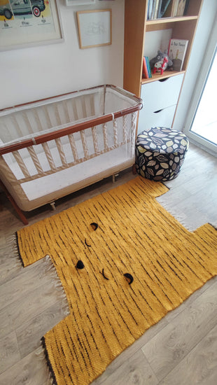 Handmade animal-shaped wool area rug, orange and black tiger design
