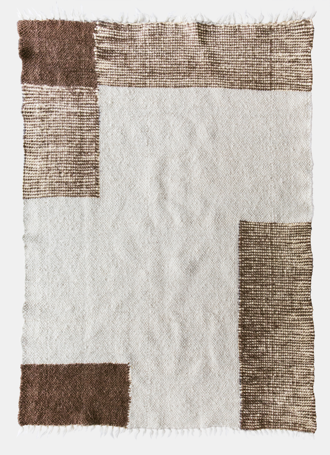 Uday rug — ivory white wool rug with overlapping brown squares, flat-woven using traditional Ukrainian techniques