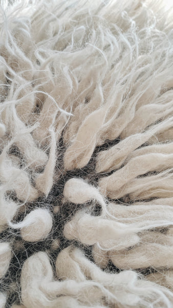Vovnya rug — shaggy gray wool rug with cascading ivory-white tufts, a tactile statement piece for minimalist interiors
