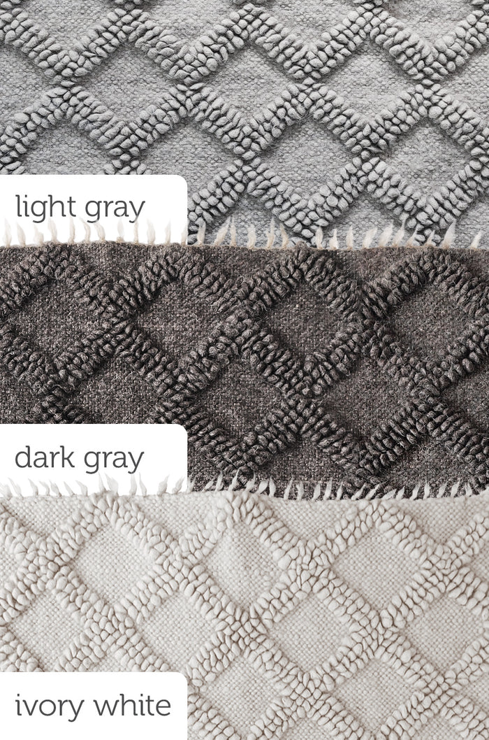 Self-tone wool area rug featuring small bobble-woven diamonds, available in light gray, ivory, or dark charcoal gray, artisan-made