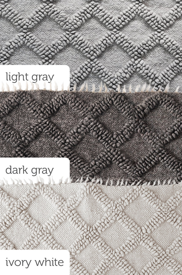 Self-tone wool area rug featuring small bobble-woven diamonds, available in light gray, ivory, or dark charcoal gray, artisan-made