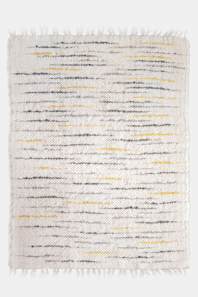 Handmade wool rug in ivory white with gray and orange stripes, minimalist Scandinavian-style design