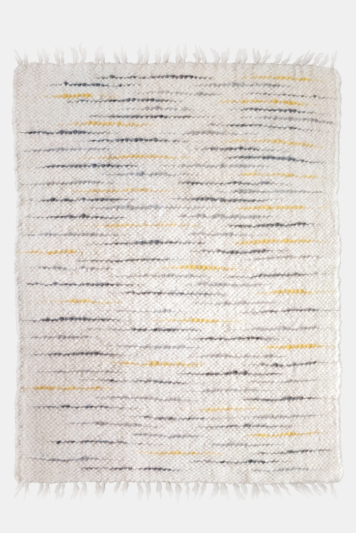 Handmade wool rug in ivory white with gray and orange stripes, minimalist Scandinavian-style design