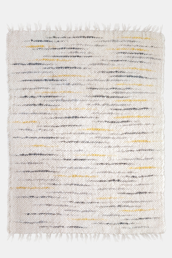 Handmade wool rug in ivory white with gray and orange stripes, minimalist Scandinavian-style design