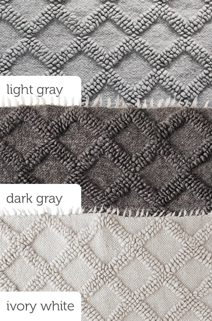 Ternyk rug — tone-on-tone wool rug with small textured diamond pattern, available in light gray, ivory white, or dark gray