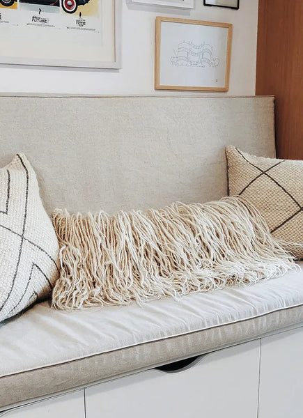 Handwoven woolen pillow Dychyna by MAPICO, flokati, handmade eco-friendly home decor.