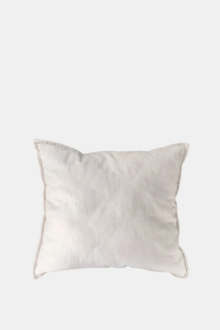 Premium cotton-linen pillow in ivory white, minimalist design, natural texture on clean background