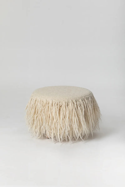 Handmade sheep wool pouf in white, minimalist ottoman with removable wooden legs