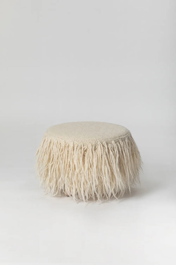 Handmade sheep wool pouf in white, minimalist ottoman with removable wooden legs