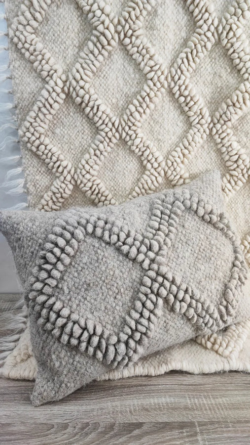 Gray wool lumbar pillow with geometric pattern, handmade Tern design