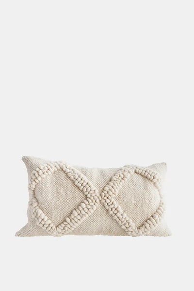 Ivory white wool pillow with handwoven geometric pattern, Tern design