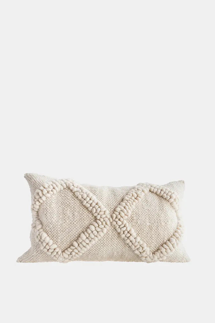 Ivory white wool pillow with handwoven geometric pattern, Tern design