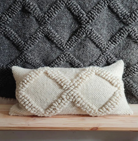 Ivory white wool pillow with handwoven geometric pattern, Tern design
